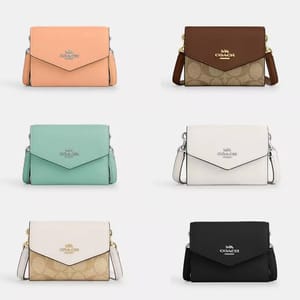 Eight shoulder bags in various colors, including peach, brown, mint, white, cream, and black, with front flaps and logo branding.