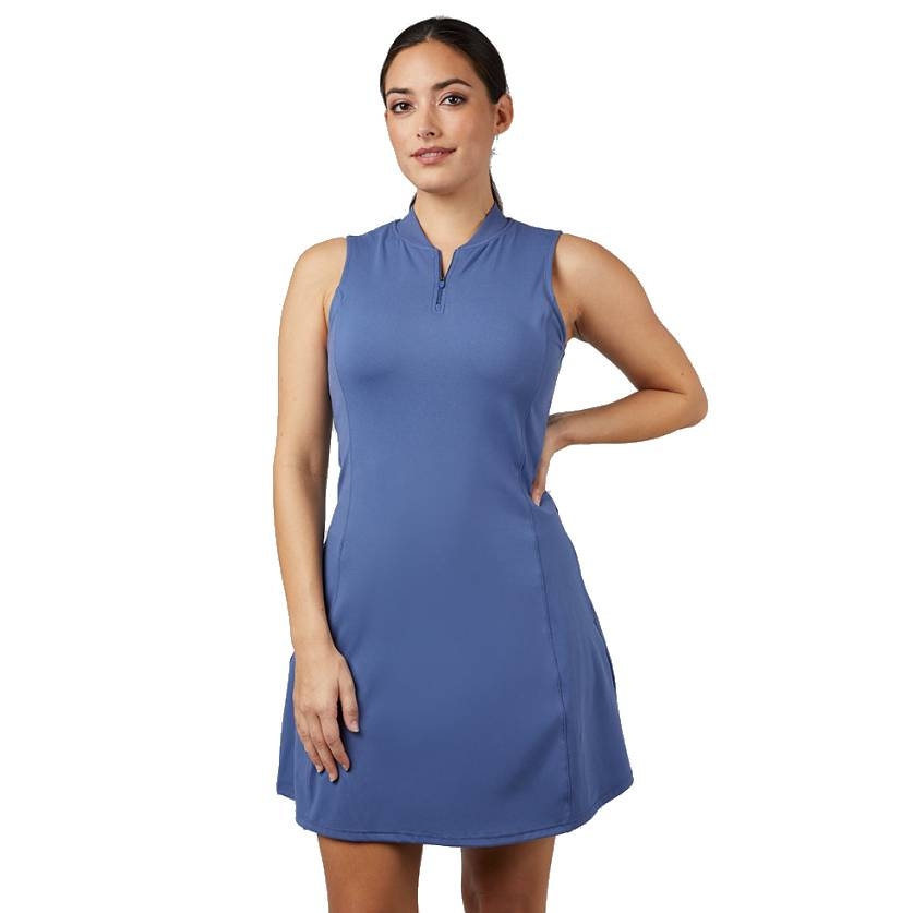 Sleeveless blue dress with a zip-up neckline, designed with a slightly flared, knee-length cut. Perfect for casual or sporty occasions.