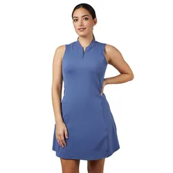 Sleeveless blue dress with a zip-up neckline, designed with a slightly flared, knee-length cut. Perfect for casual or sporty occasions.
