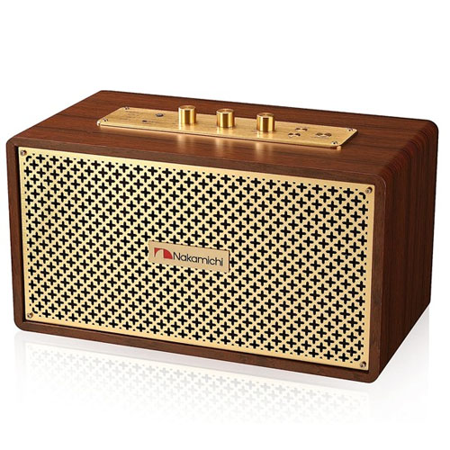 Nakamichi Retro Bluetooth Speaker features a wooden casing with a golden front grill, control knobs, and a sleek, vintage design.