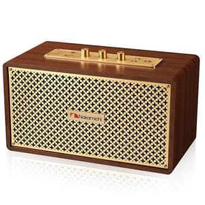 Nakamichi Retro Bluetooth Speaker features a wooden casing with a golden front grill, control knobs, and a sleek, vintage design.
