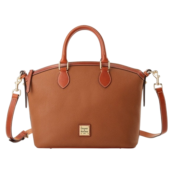 A medium-sized brown leather handbag with dual top handles and a detachable shoulder strap, featuring the \“Dooney & Bourke\“ logo on the front.