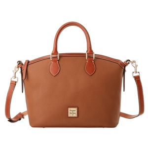A medium-sized brown leather handbag with dual top handles and a detachable shoulder strap, featuring the \“Dooney & Bourke\“ logo on the front.