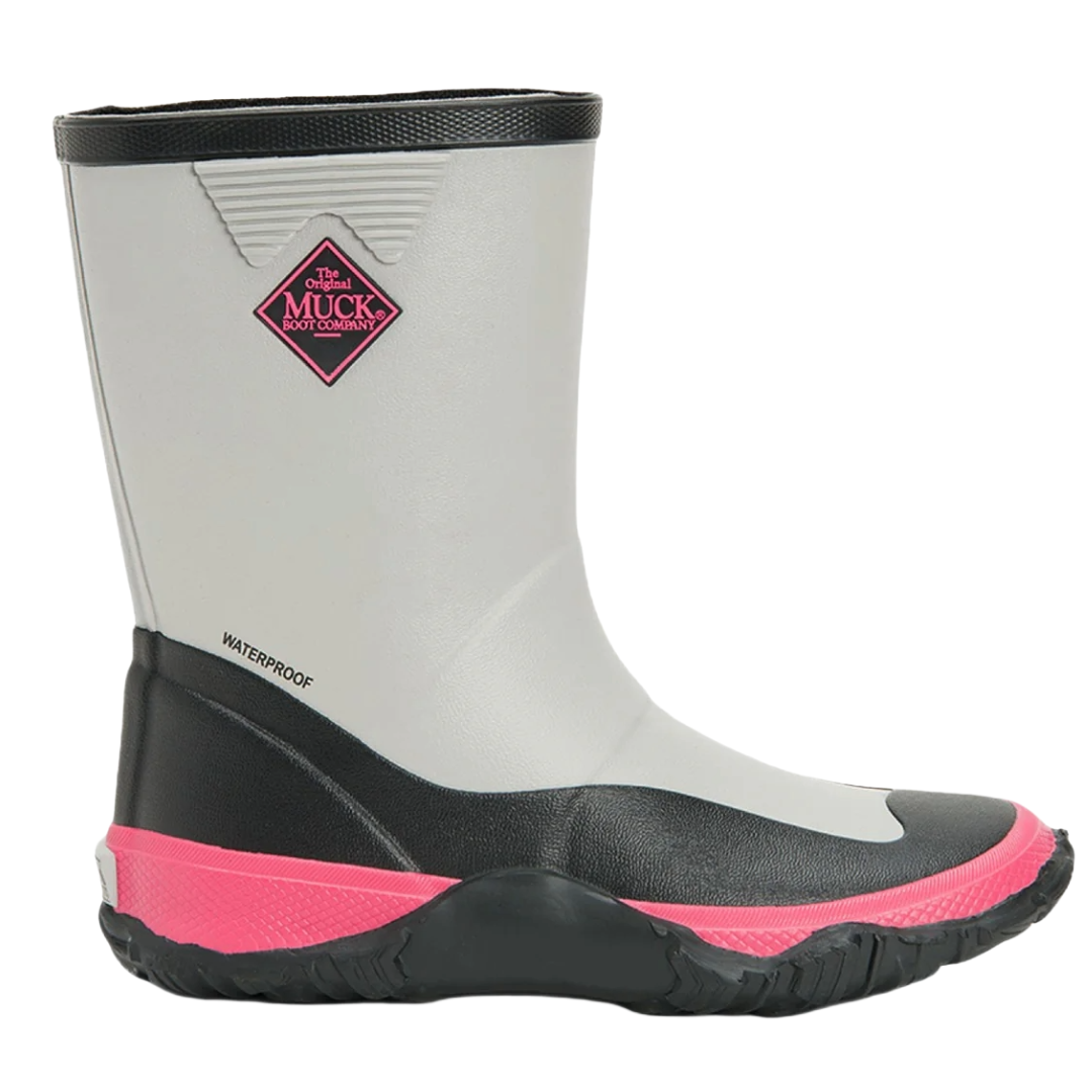 A waterproof boot with a gray upper, black midsection, and pink detailing, featuring the Original Muck Boot Company logo.