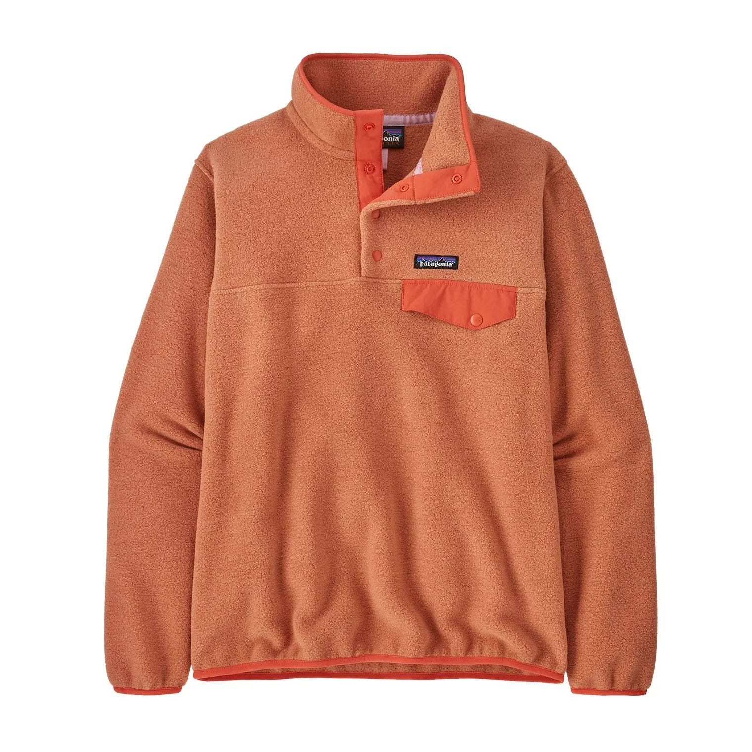A brown fleece pullover with a half snap-button collar and a contrasting chest pocket with a snap closure.