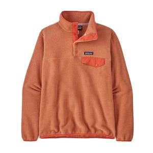A brown fleece pullover with a half snap-button collar and a contrasting chest pocket with a snap closure.