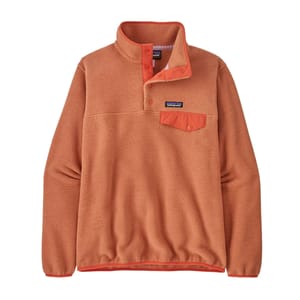 A brown fleece pullover with a half snap-button collar and a contrasting chest pocket with a snap closure.