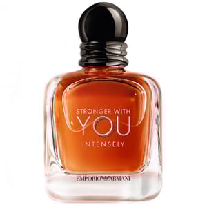 Emporio Armani \“Stronger With You Intensely\“ Eau De Parfum Spray features a warm amber color in a clear glass bottle with a rounded black cap. The fragrance name is prominently displayed on the front.