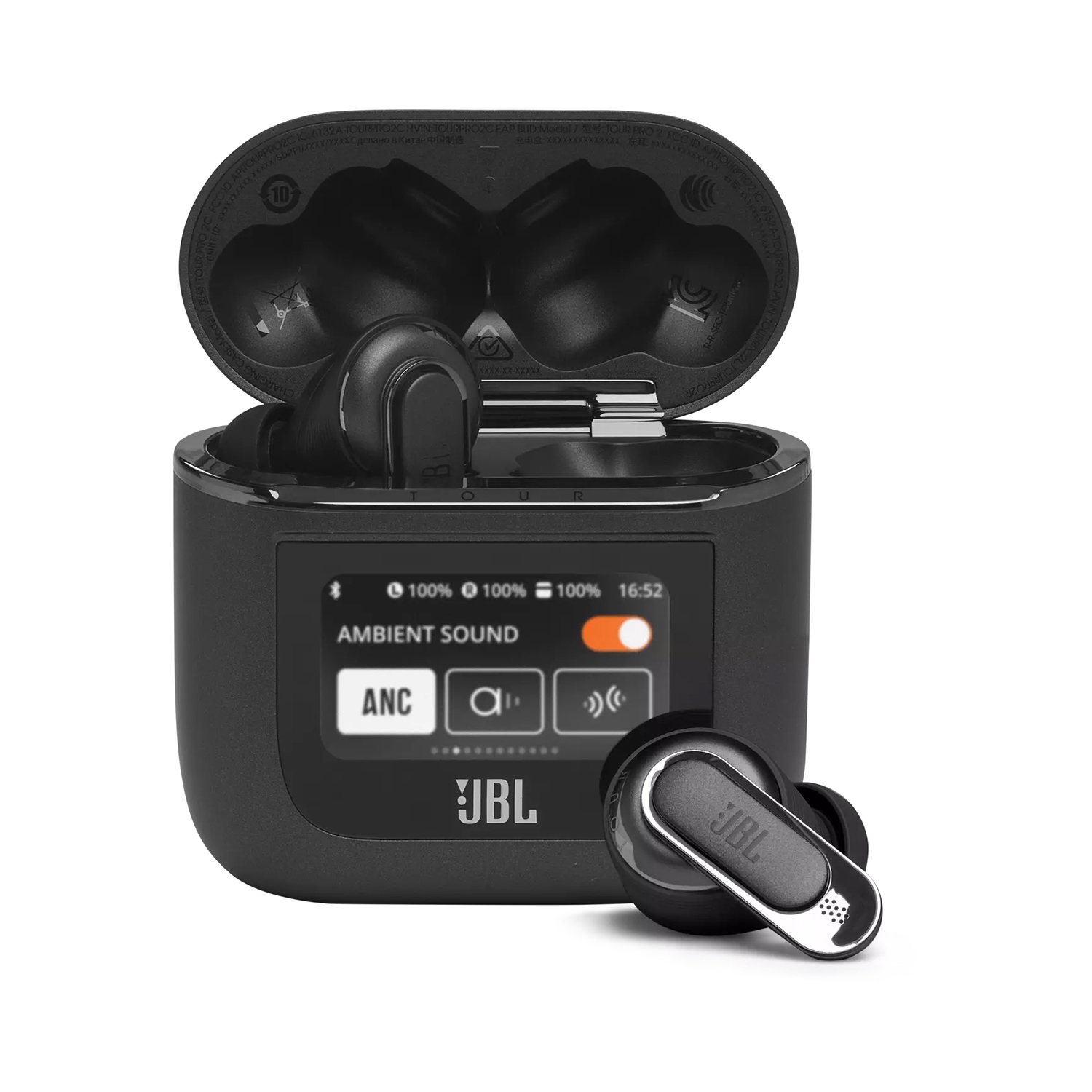 JBL Tour Pro 2 headphones with a charging case featuring a touchscreen display, showing controls for ambient sound and ANC. The earphones have a sleek, modern design with JBL branding.