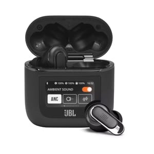 JBL Tour Pro 2 headphones with a charging case featuring a touchscreen display, showing controls for ambient sound and ANC. The earphones have a sleek, modern design with JBL branding.