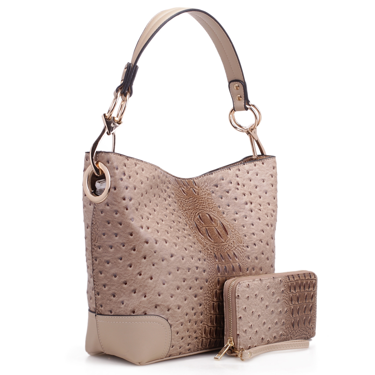 A beige textured tote bag with a matching wallet, featuring a circular embossed design and gold-toned hardware.