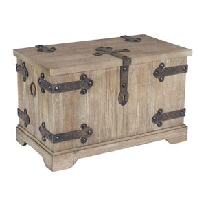 A wooden chest with metal accents and hardware designed to look like a vintage storage trunk.