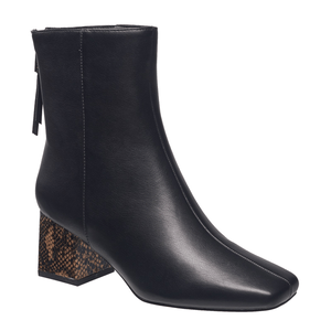 Black ankle boots with a sleek design, featuring a square toe and a unique textured block heel.
