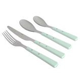 A set of four utensils with light green handles, including a fork, knife, dinner spoon, and a smaller spoon.