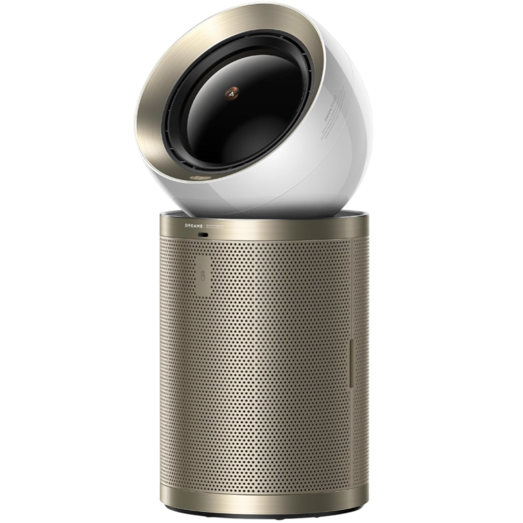 Smart air purifier and heater with a remote control and mobile app displaying air quality, temperature, and wind speed.