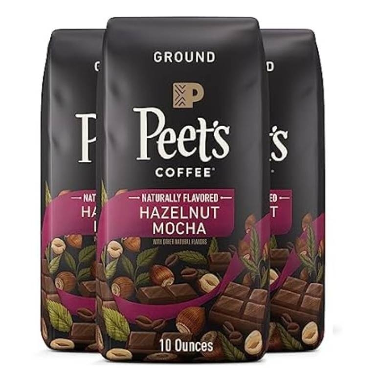 Peet's Coffee Ground Hazelnut Mocha, naturally flavored, comes in 10-ounce bags, featuring images of hazelnuts and chocolate on the packaging.