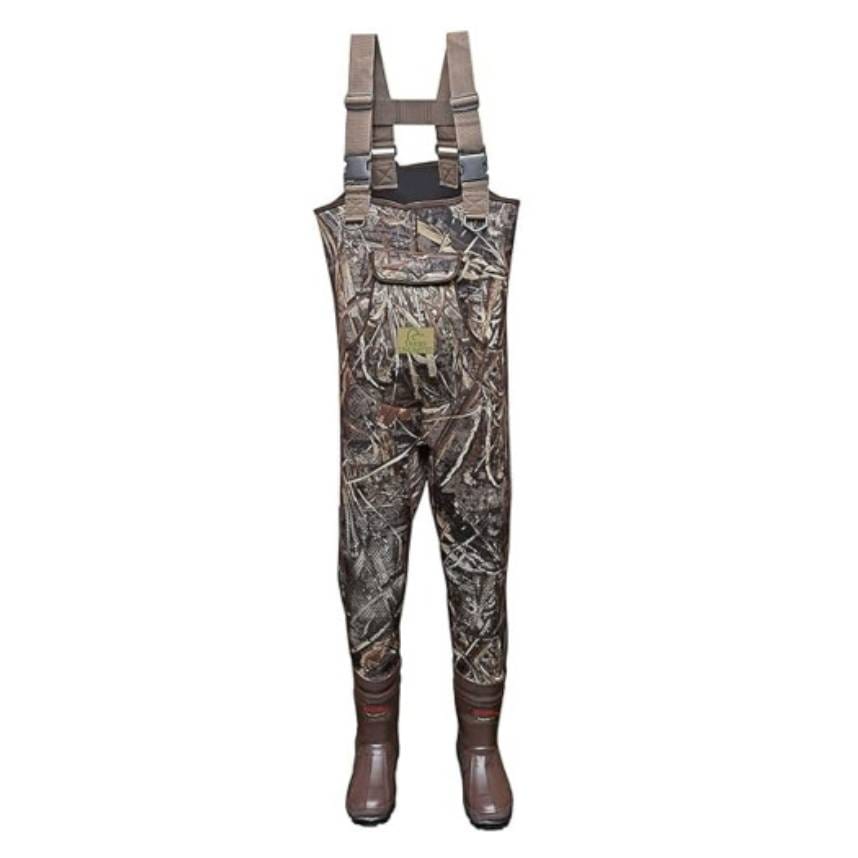 A pair of camouflage waders with adjustable suspenders and built-in boots, designed for outdoor water activities.