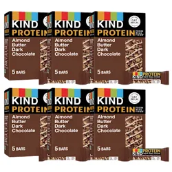 KIND Protein Bars, Almond Butter Dark Chocolate flavor, are shown in five boxes, each containing five bars.