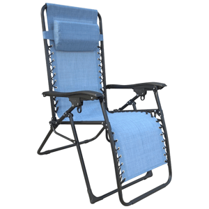 A blue zero gravity chair with a black metal frame, featuring a headrest and reclining capability for outdoor relaxation.