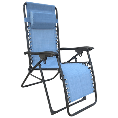 A blue zero gravity chair with a black metal frame, featuring a headrest and reclining capability for outdoor relaxation.