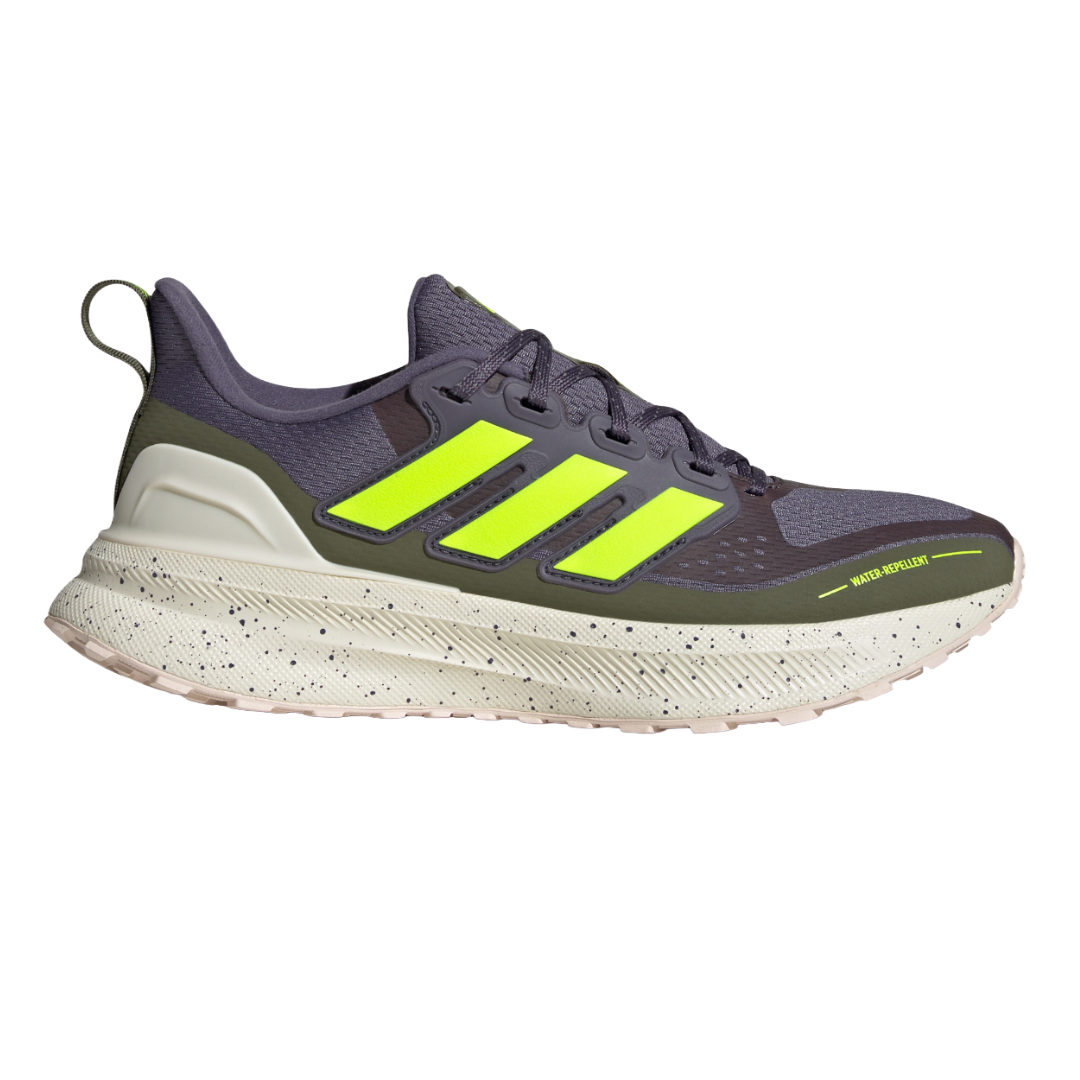 A water-repellent sneaker with a gray and neon yellow design, featuring the Adidas three-stripe logo and a speckled white sole.