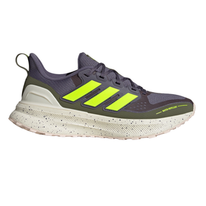 A water-repellent sneaker with a gray and neon yellow design, featuring the Adidas three-stripe logo and a speckled white sole.