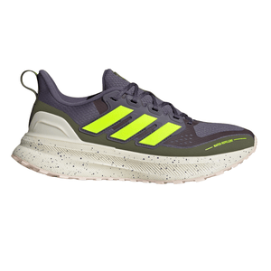 A water-repellent sneaker with a gray and neon yellow design, featuring the Adidas three-stripe logo and a speckled white sole.