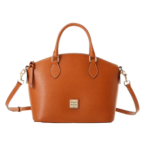 A light brown leather handbag with dual handles, a detachable shoulder strap, and gold-tone hardware featuring a branded logo plate on the front.