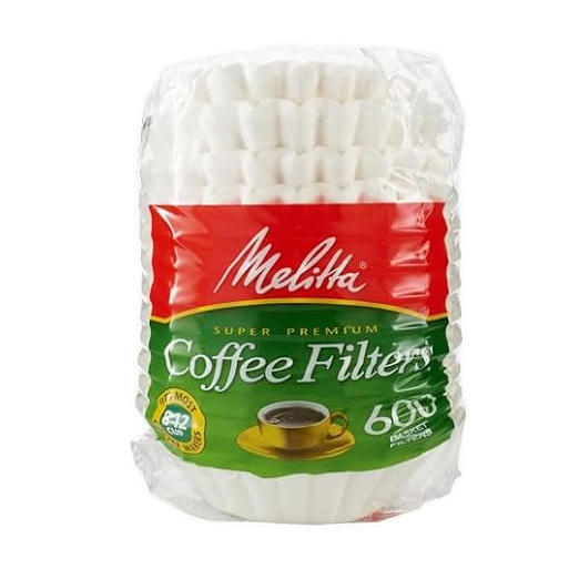 Package of Melitta Super Premium Coffee Filters, containing 600 basket-style filters, suitable for 8-12 cup coffeemakers.