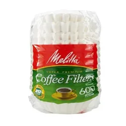 Package of Melitta Super Premium Coffee Filters, containing 600 basket-style filters, suitable for 8-12 cup coffeemakers.
