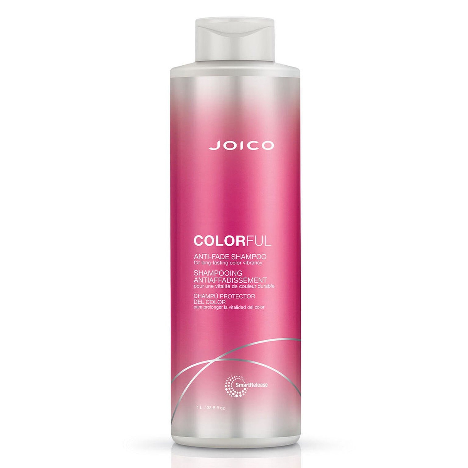 Joico Colorful Anti-Fade Shampoo, designed for long-lasting color vibrancy, comes in a 1L bottle with SmartRelease technology.