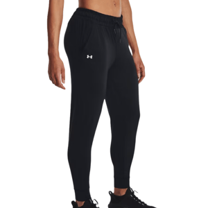 Under Armour HeatGear Pants are black, lightweight, and designed for athletic performance. They feature an elastic waistband with a drawstring and the Under Armour logo on the thigh.