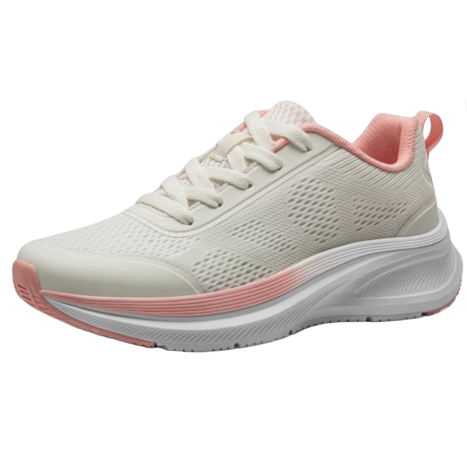Women's walking sneaker in off-white with pink accents features a breathable mesh upper, cushioned sole, and lace-up design for comfort and support.
