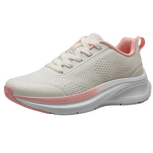 Women's walking sneaker in off-white with pink accents features a breathable mesh upper, cushioned sole, and lace-up design for comfort and support.
