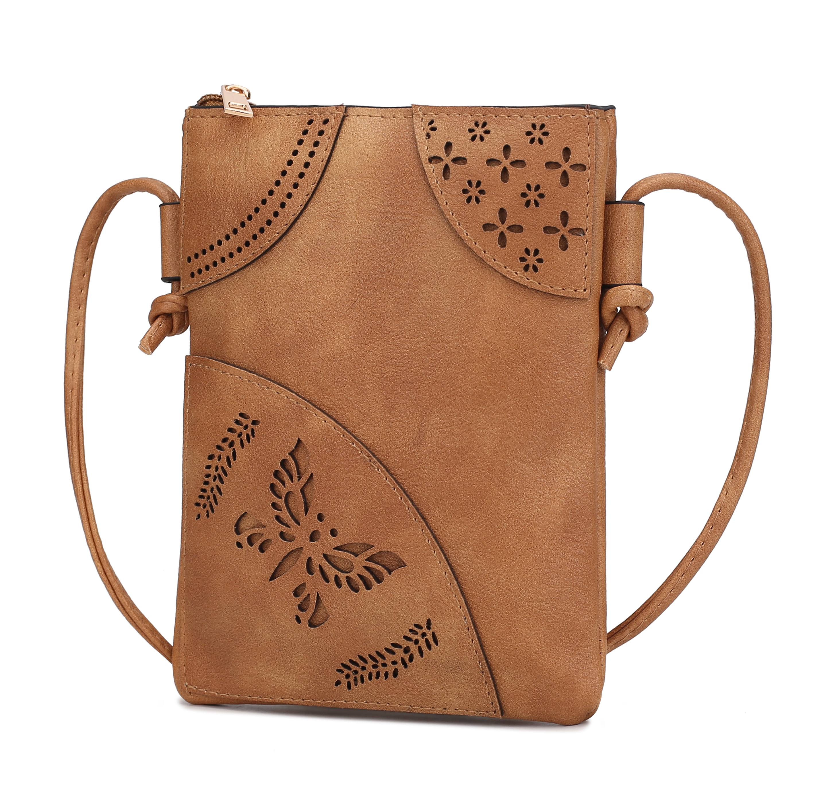 A tan crossbody bag with floral cut-out designs and an adjustable strap.