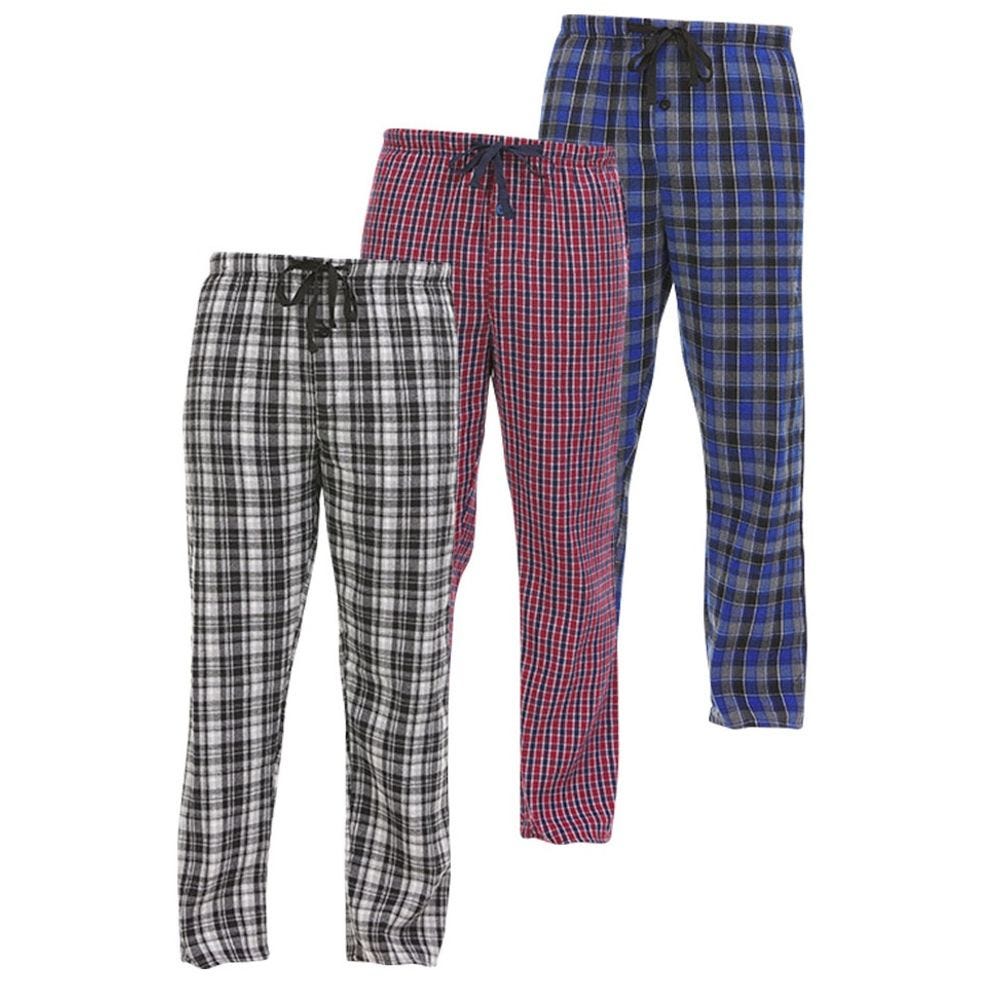 Three pairs of plaid pajama pants in black and white, red and blue, and blue and black patterns, all featuring an elastic waistband with a drawstring.