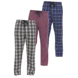 Three pairs of plaid pajama pants in black and white, red and blue, and blue and black patterns, all featuring an elastic waistband with a drawstring.