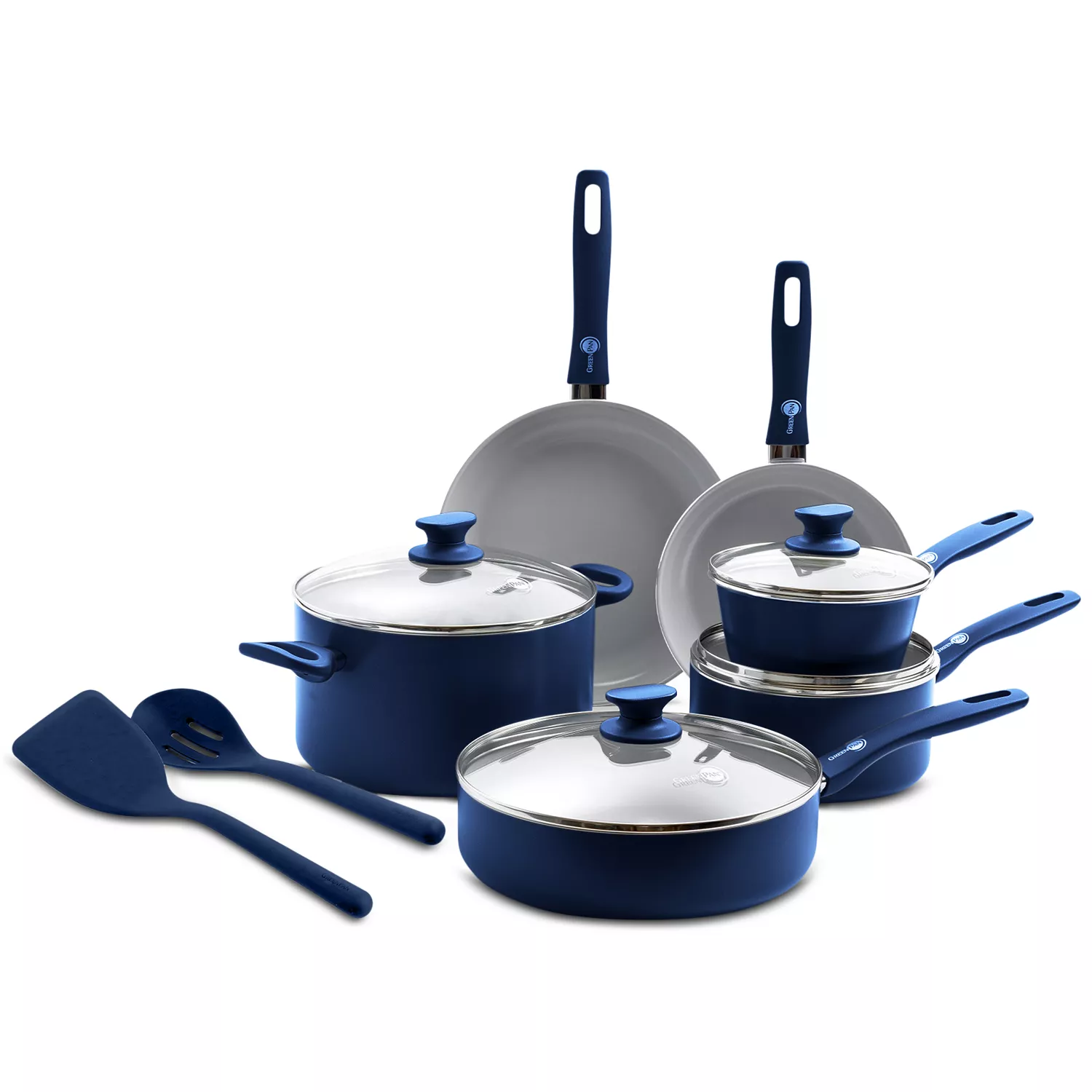 A 10-piece cookware set in blue featuring saucepans, fry pans, a stockpot, and a sauté pan with glass lids, accompanied by two kitchen utensils.