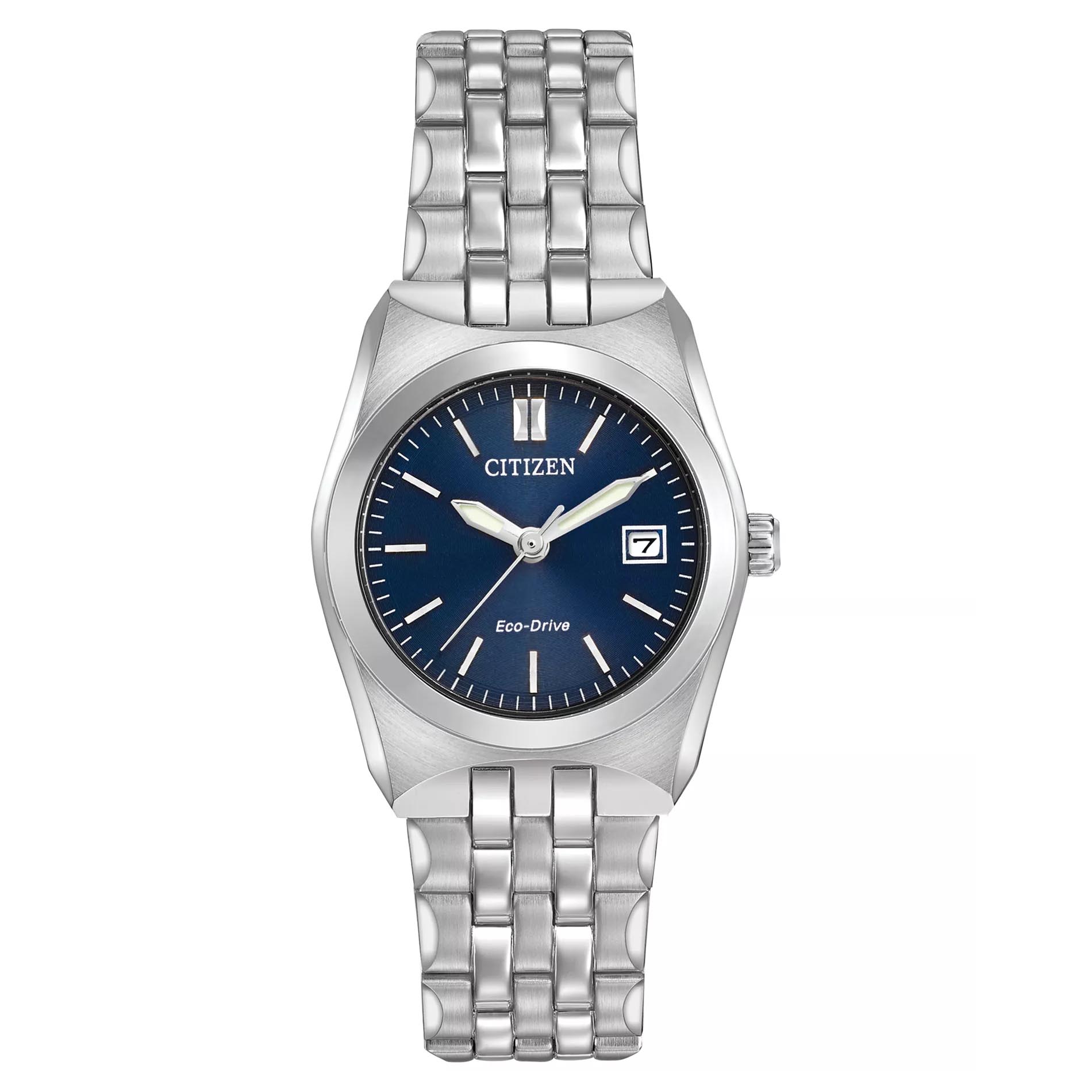 Citizen Eco-Drive watch with a silver stainless steel bracelet and a blue dial, featuring a date display window.