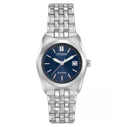 Citizen Eco-Drive watch with a silver stainless steel bracelet and a blue dial, featuring a date display window.