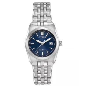Citizen Eco-Drive watch with a silver stainless steel bracelet and a blue dial, featuring a date display window.