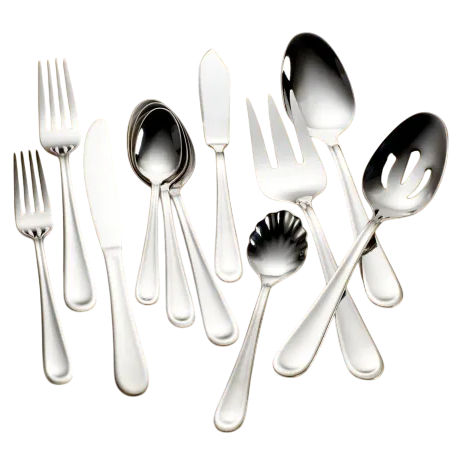 A collection of silverware including forks, knives, a butter spreader, and various serving and dining spoons with a slotted serving spoon and a two-pronged fork.