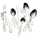A collection of silverware including forks, knives, a butter spreader, and various serving and dining spoons with a slotted serving spoon and a two-pronged fork.