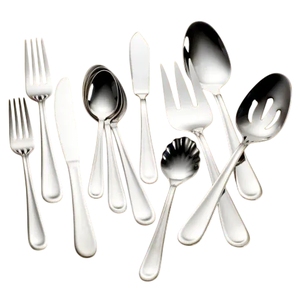 A collection of silverware including forks, knives, a butter spreader, and various serving and dining spoons with a slotted serving spoon and a two-pronged fork.
