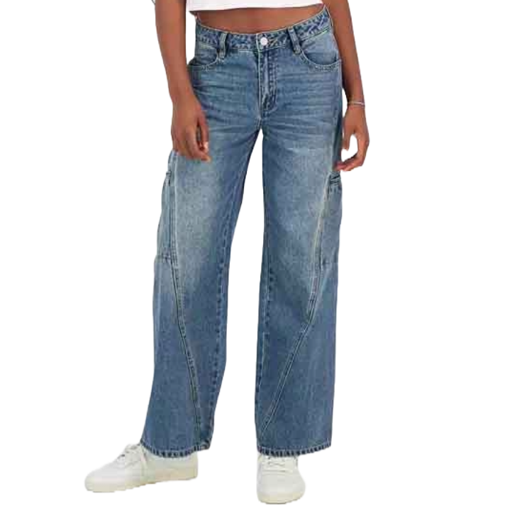 Indigo Rain Juniors' 90's Utility Jeans feature a loose, wide-leg fit with a high waist and utility-style side pockets, crafted in medium wash denim and paired with white sneakers.