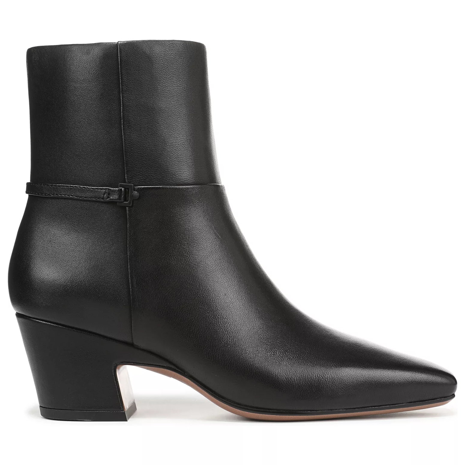 A black leather ankle boot with a pointed toe, a side buckle strap, and a block heel.