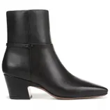 A black leather ankle boot with a pointed toe, a side buckle strap, and a block heel.