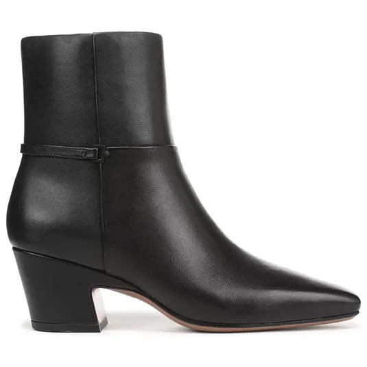 A black leather ankle boot with a pointed toe, a side buckle strap, and a block heel.