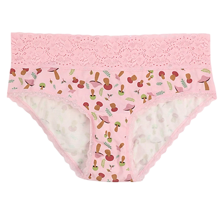 Pink women's panties with a floral lace waistband and a playful mushroom and leaf pattern.