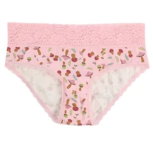 Pink women's panties with a floral lace waistband and a playful mushroom and leaf pattern.